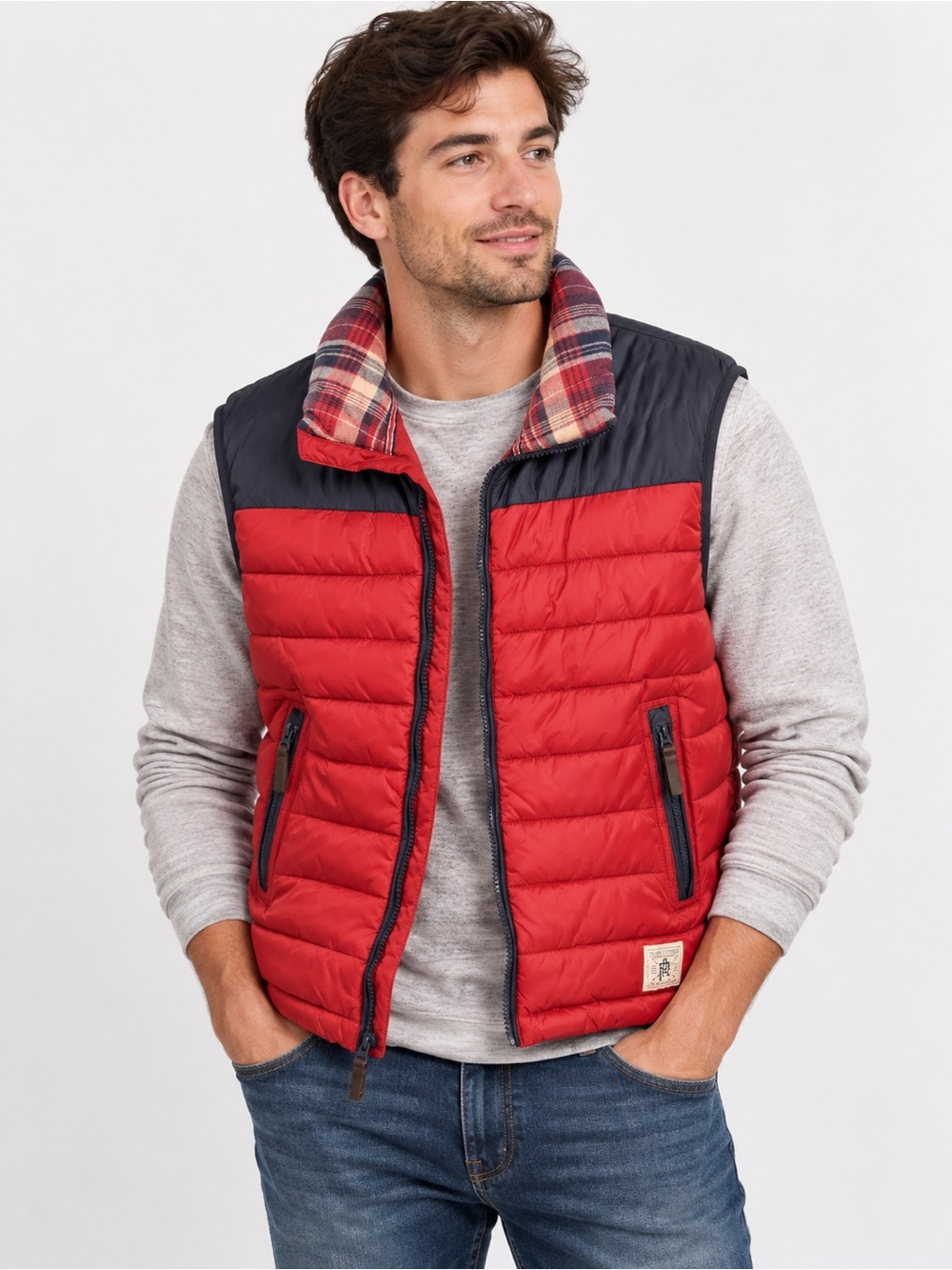 flag & anthem men’s large red navy quilted puffer vest plaid collar